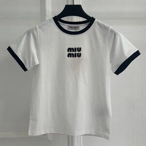 Miu Miu White Flocked Logo Short-Sleeve T-Shirt, Size S